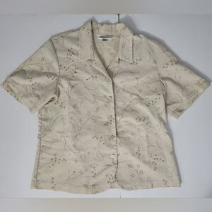 Alfred Dunner Cream Collared Button Down Casual Floral Embroidered Shirt